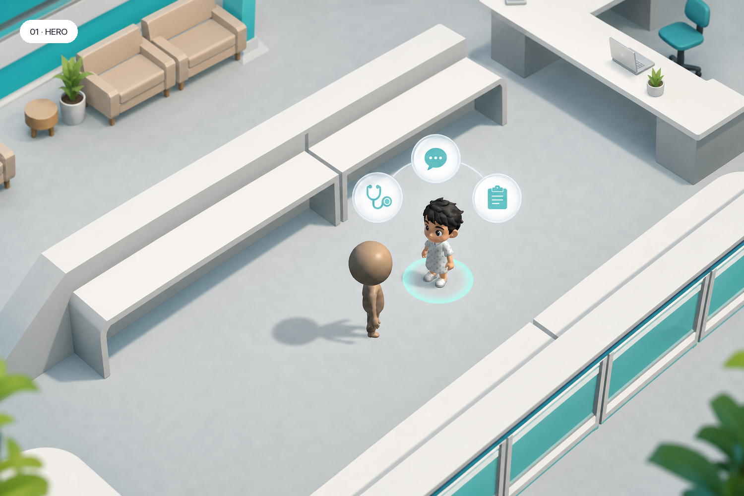 Medipok player meeting a patient inside the hospital game world